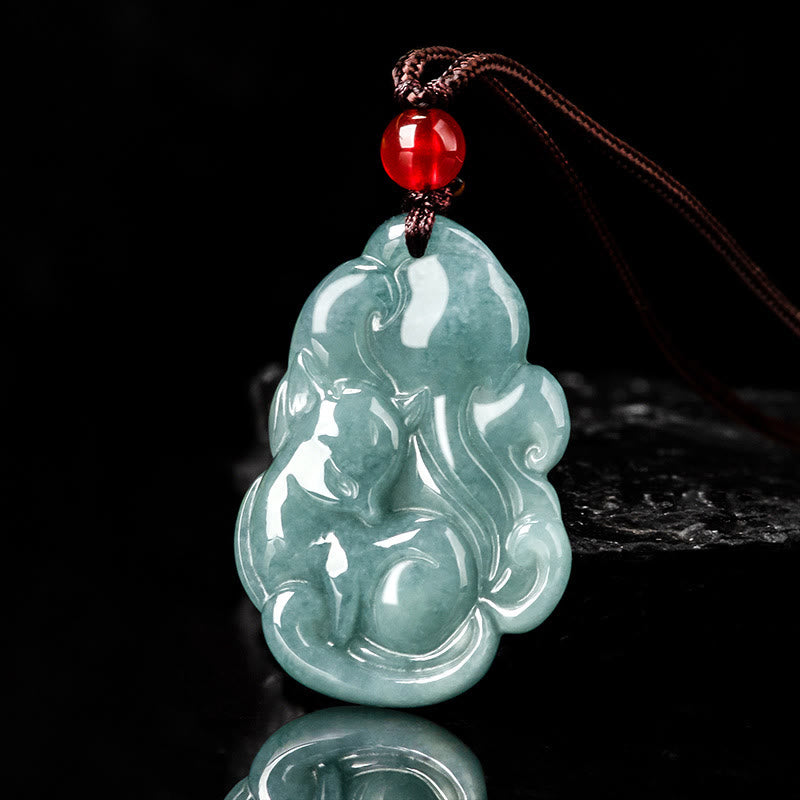 Natural Green Jade Nine Tailed Fox Fairy Prosperity Necklace Pendant