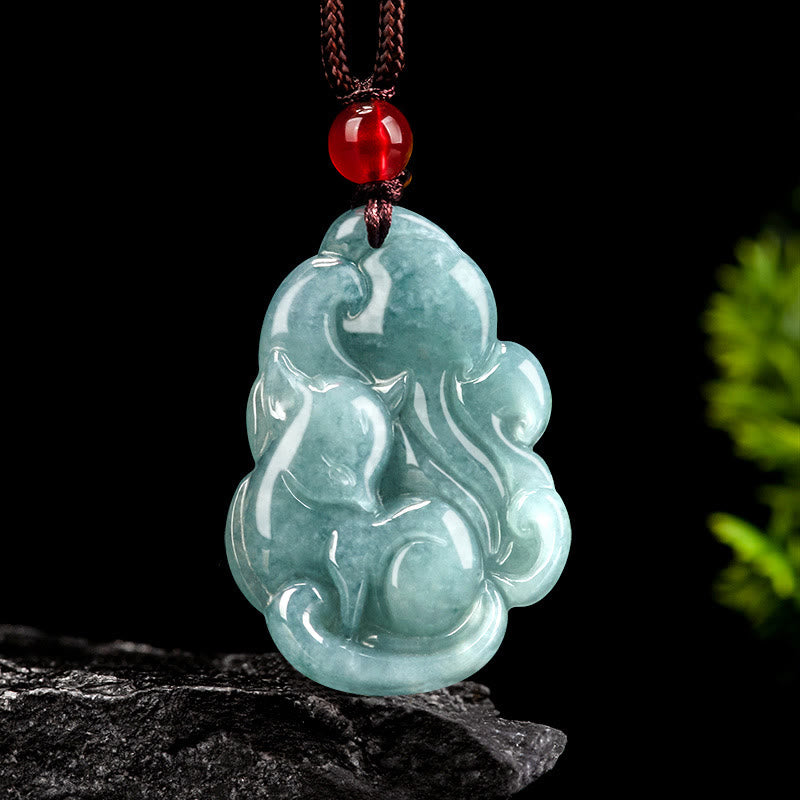 Natural Green Jade Nine Tailed Fox Fairy Prosperity Necklace Pendant