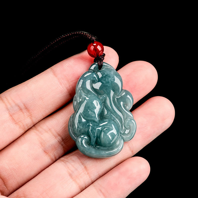 Natural Green Jade Nine Tailed Fox Fairy Prosperity Necklace Pendant