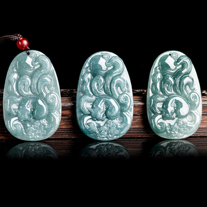 Natural Green Jade Nine Tailed Fox Flowers Luck Necklace Pendant