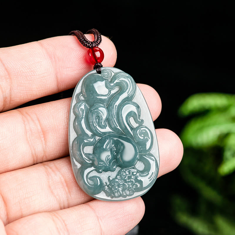 Natural Green Jade Nine Tailed Fox Flowers Luck Necklace Pendant