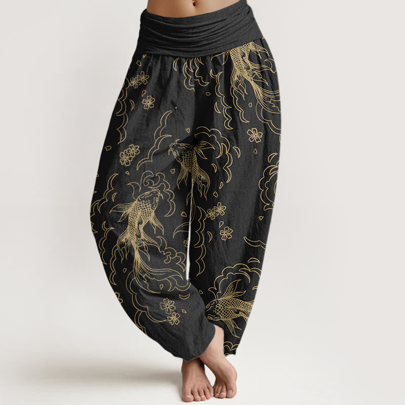 Cotton Casual Koi Fish Waves And Petal Line Pattern Women's Elastic Waist Harem Pants