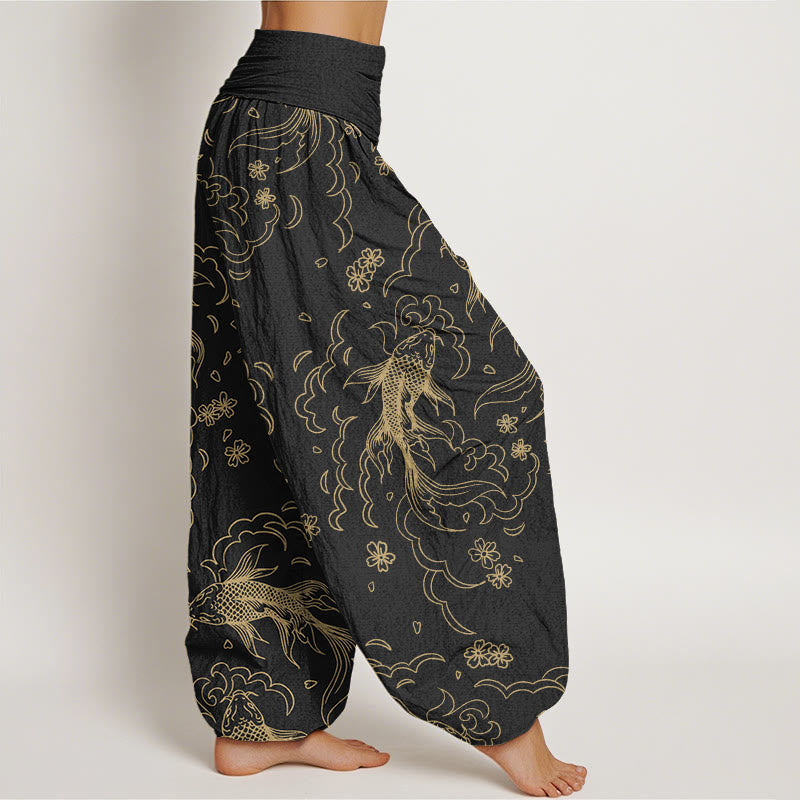 Cotton Casual Koi Fish Waves And Petal Line Pattern Women's Elastic Waist Harem Pants