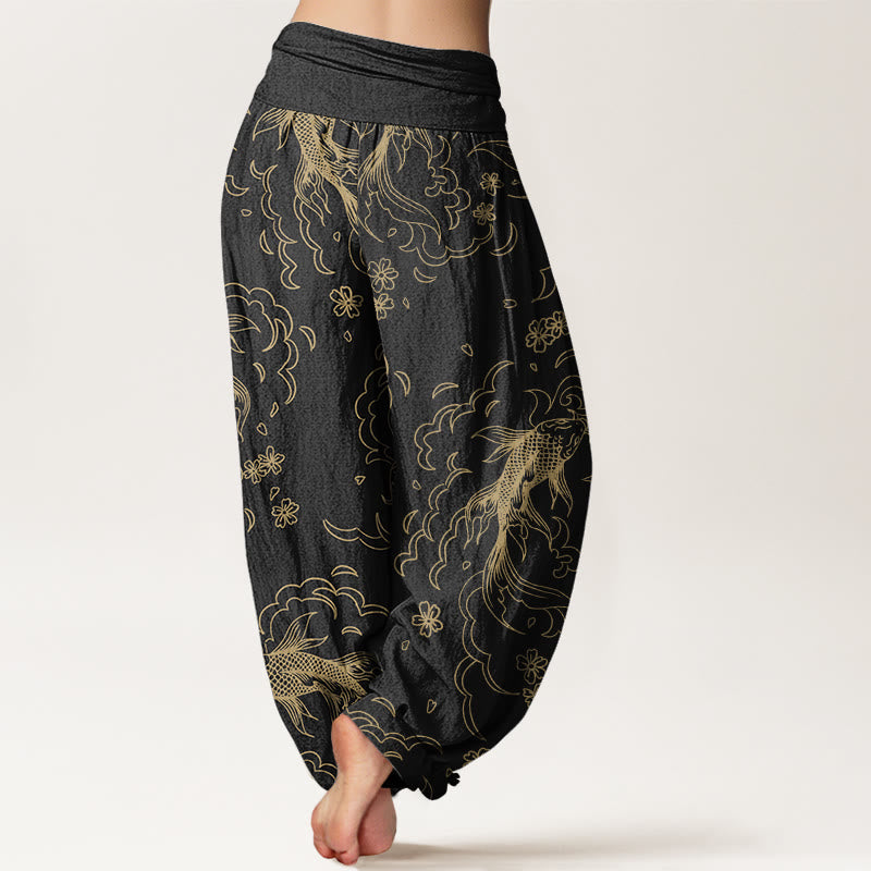 Cotton Casual Koi Fish Waves And Petal Line Pattern Women's Elastic Waist Harem Pants