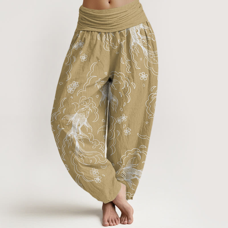 Cotton Casual Koi Fish Waves And Petal Line Pattern Women's Elastic Waist Harem Pants