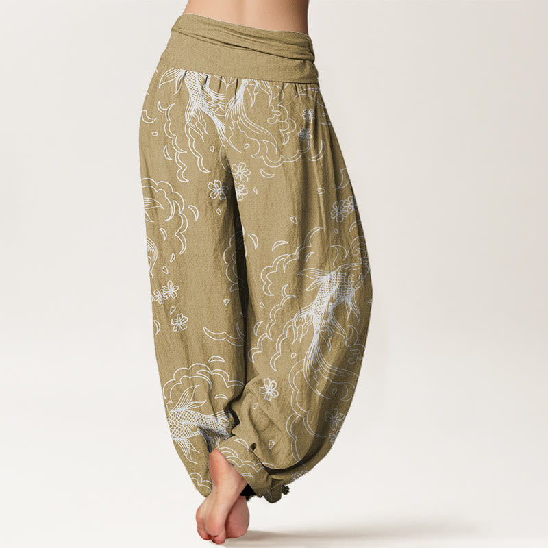 Cotton Casual Koi Fish Waves And Petal Line Pattern Women's Elastic Waist Harem Pants