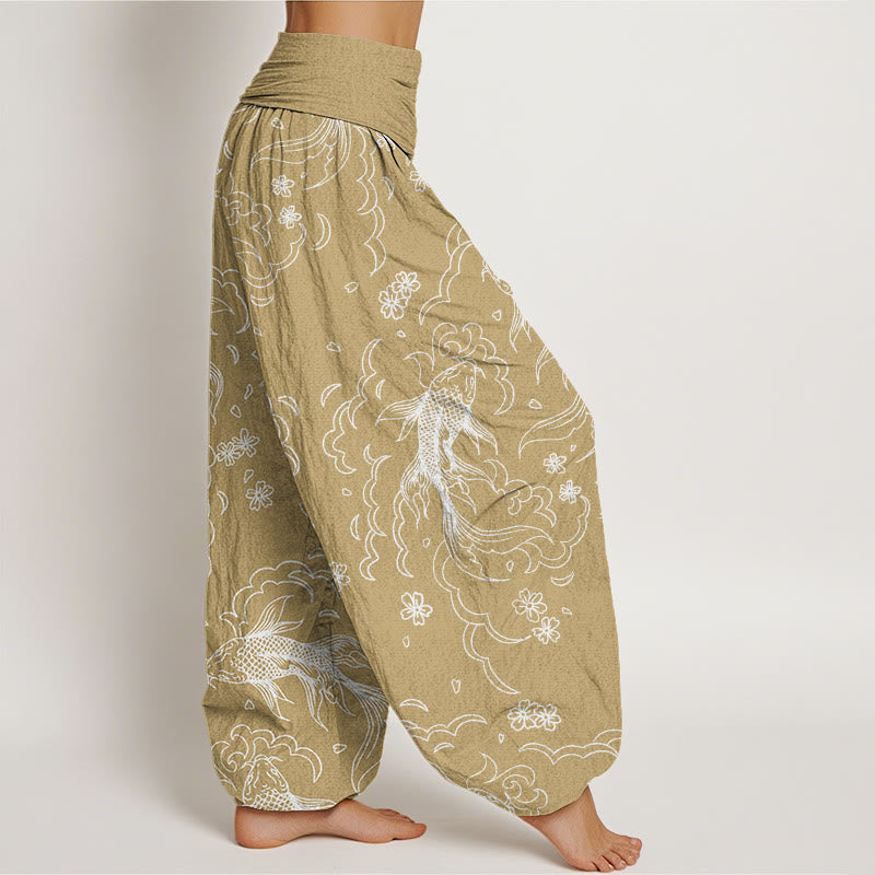 Cotton Casual Koi Fish Waves And Petal Line Pattern Women's Elastic Waist Harem Pants