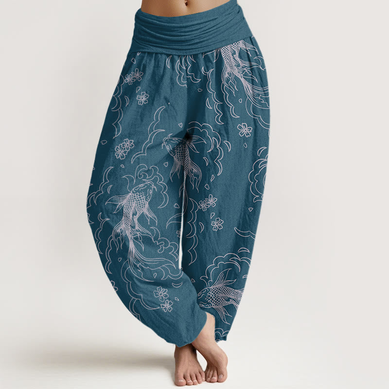 Cotton Casual Koi Fish Waves And Petal Line Pattern Women's Elastic Waist Harem Pants
