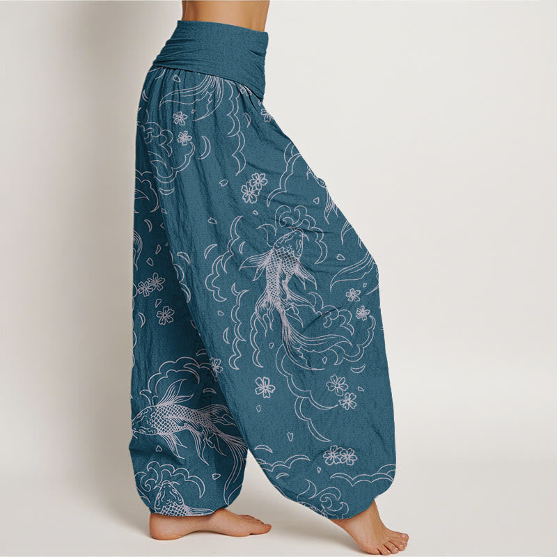 Cotton Casual Koi Fish Waves And Petal Line Pattern Women's Elastic Waist Harem Pants