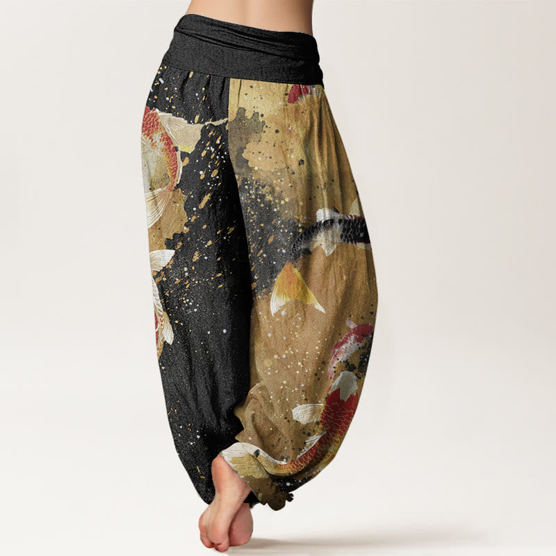 Cotton Casual Koi Fish Gold Ink Background Pattern Women's Elastic Waist Harem Pants