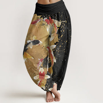 Cotton Casual Koi Fish Gold Ink Background Pattern Women's Elastic Waist Harem Pants