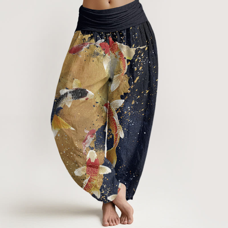 Cotton Casual Koi Fish Gold Ink Background Pattern Women's Elastic Waist Harem Pants