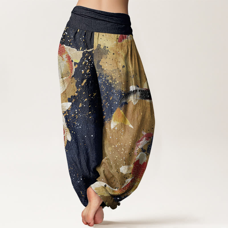 Cotton Casual Koi Fish Gold Ink Background Pattern Women's Elastic Waist Harem Pants