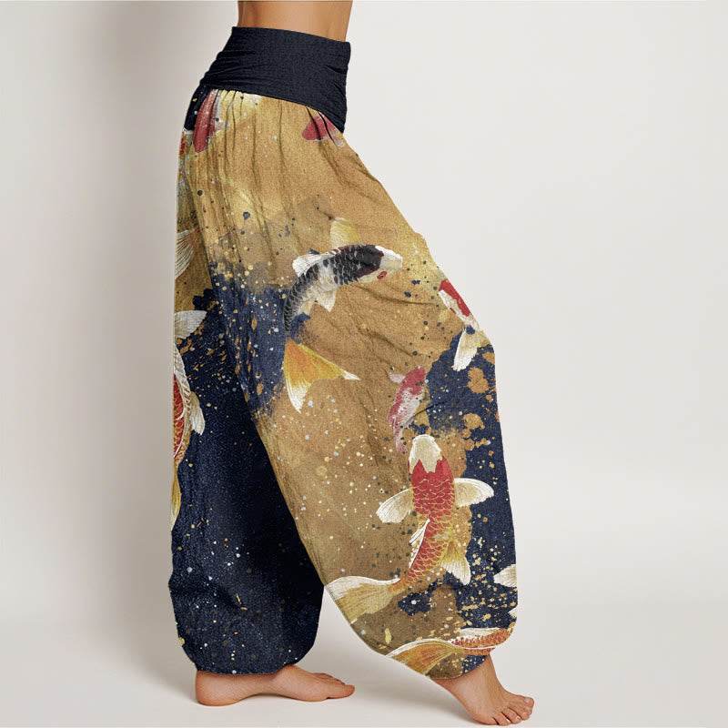 Cotton Casual Koi Fish Gold Ink Background Pattern Women's Elastic Waist Harem Pants