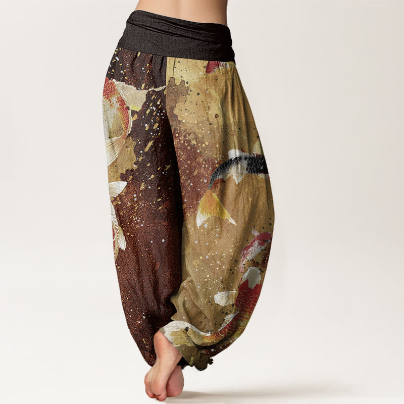 Cotton Casual Koi Fish Gold Ink Background Pattern Women's Elastic Waist Harem Pants