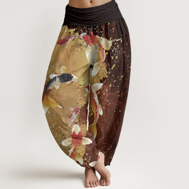 Cotton Casual Koi Fish Gold Ink Background Pattern Women's Elastic Waist Harem Pants