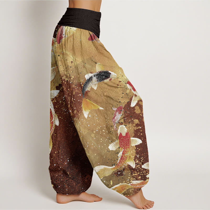 Cotton Casual Koi Fish Gold Ink Background Pattern Women's Elastic Waist Harem Pants