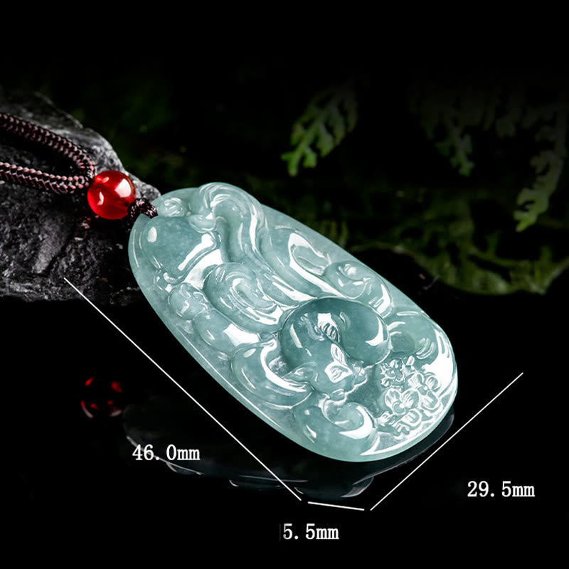 Natural Green Jade Nine Tailed Fox Flowers Luck Necklace Pendant