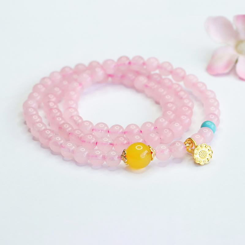 Multi-Circle Rose Quartz & Yellow Chalcedony Lotus Beaded Wrap Bracelet
