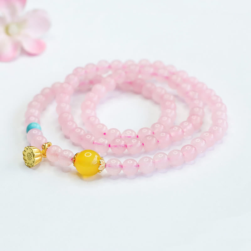 Multi-Circle Rose Quartz & Yellow Chalcedony Lotus Beaded Wrap Bracelet