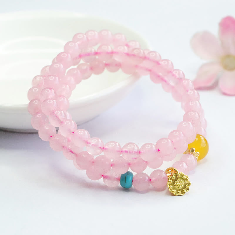 Multi-Circle Rose Quartz & Yellow Chalcedony Lotus Beaded Wrap Bracelet