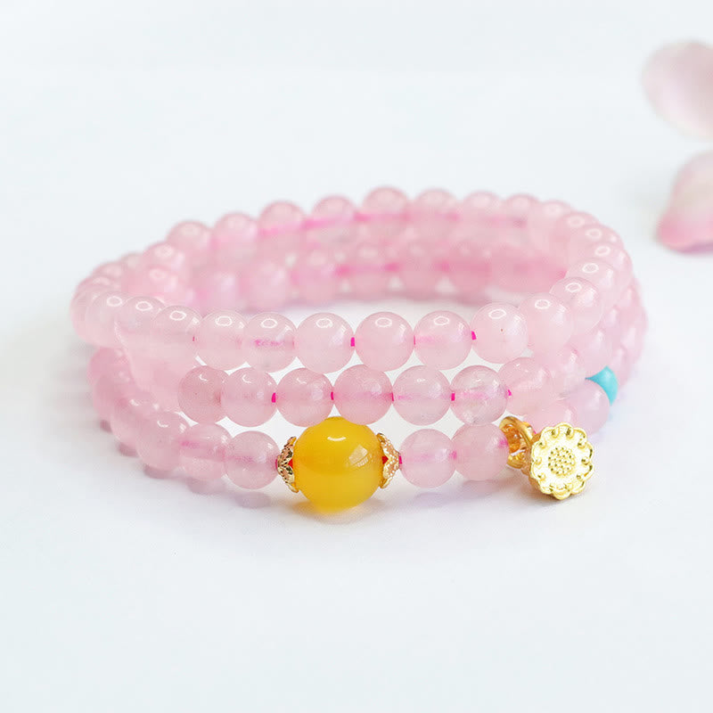 Multi-Circle Rose Quartz & Yellow Chalcedony Lotus Beaded Wrap Bracelet