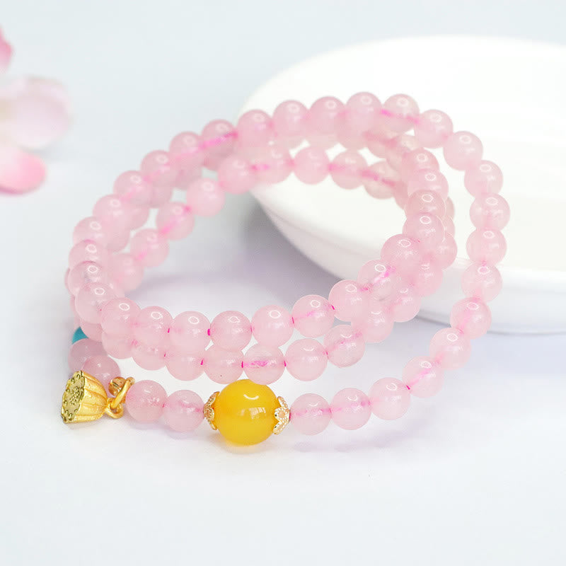 Multi-Circle Rose Quartz & Yellow Chalcedony Lotus Beaded Wrap Bracelet