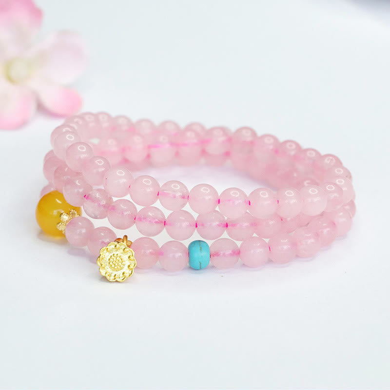 Multi-Circle Rose Quartz & Yellow Chalcedony Lotus Beaded Wrap Bracelet