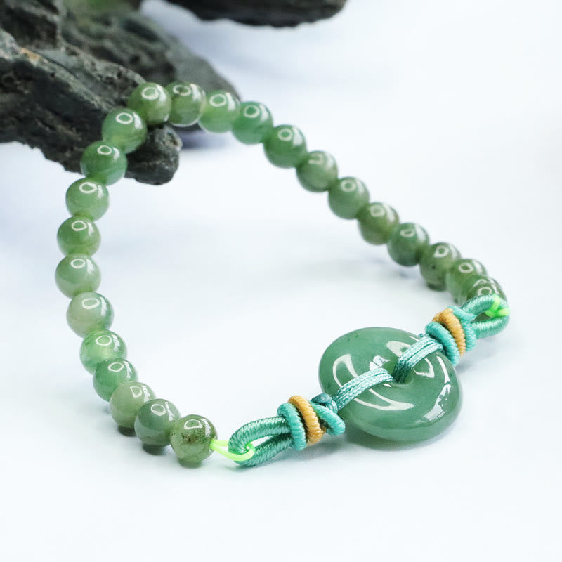 Handmade Natural Jade Beaded Bracelet with Ping An Kou Peace Buckle Disc
