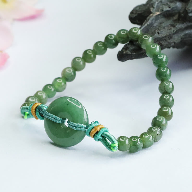 Handmade Natural Jade Beaded Bracelet with Ping An Kou Peace Buckle Disc