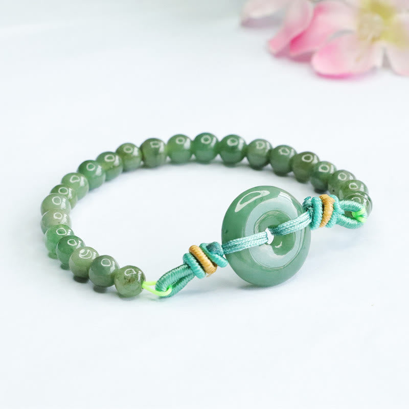 Handmade Natural Jade Beaded Bracelet with Ping An Kou Peace Buckle Disc