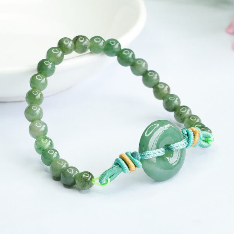 Handmade Natural Jade Beaded Bracelet with Ping An Kou Peace Buckle Disc