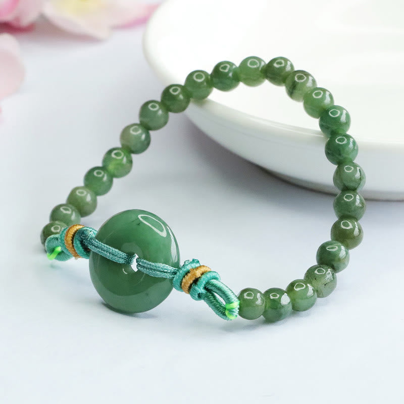 Handmade Natural Jade Beaded Bracelet with Ping An Kou Peace Buckle Disc