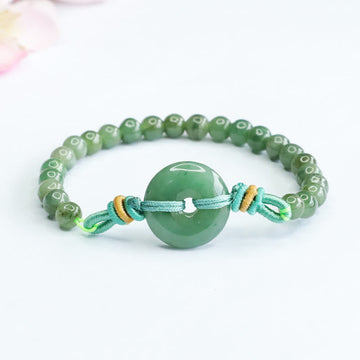 Handmade Natural Jade Beaded Bracelet with Ping An Kou Peace Buckle Disc