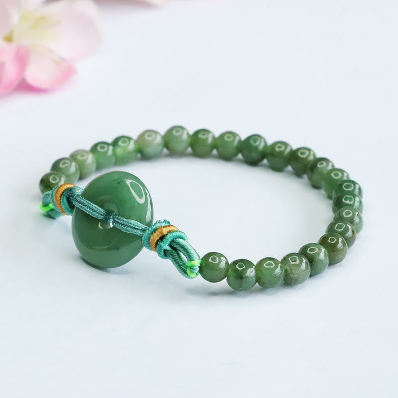 Handmade Natural Jade Beaded Bracelet with Ping An Kou Peace Buckle Disc