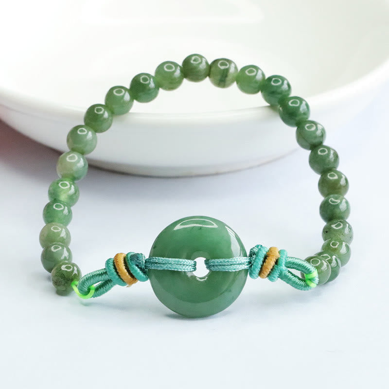 Handmade Natural Jade Beaded Bracelet with Ping An Kou Peace Buckle Disc