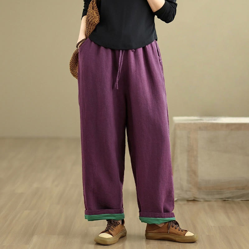 Spring Casual Simple Design Drawstring Cotton Linen Women's Wide Leg Pants With Pockets