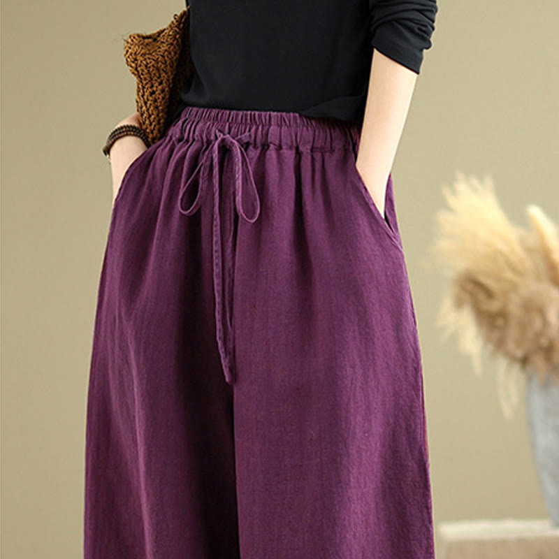 Spring Casual Simple Design Drawstring Cotton Linen Women's Wide Leg Pants With Pockets