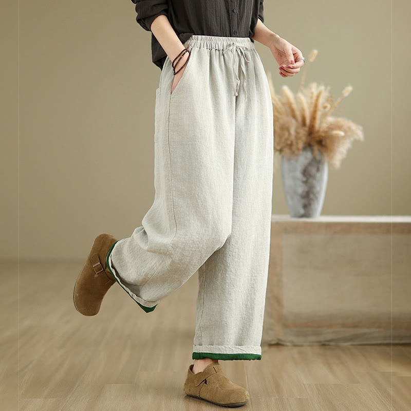 Spring Casual Simple Design Drawstring Cotton Linen Women's Wide Leg Pants With Pockets