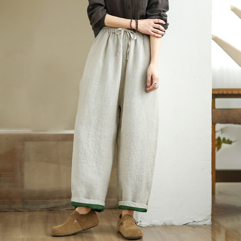 Spring Casual Simple Design Drawstring Cotton Linen Women's Wide Leg Pants With Pockets
