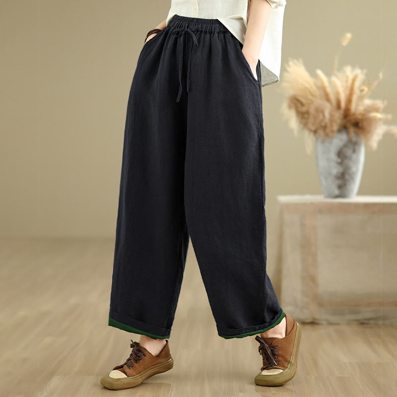 Spring Casual Simple Design Drawstring Cotton Linen Women's Wide Leg Pants With Pockets