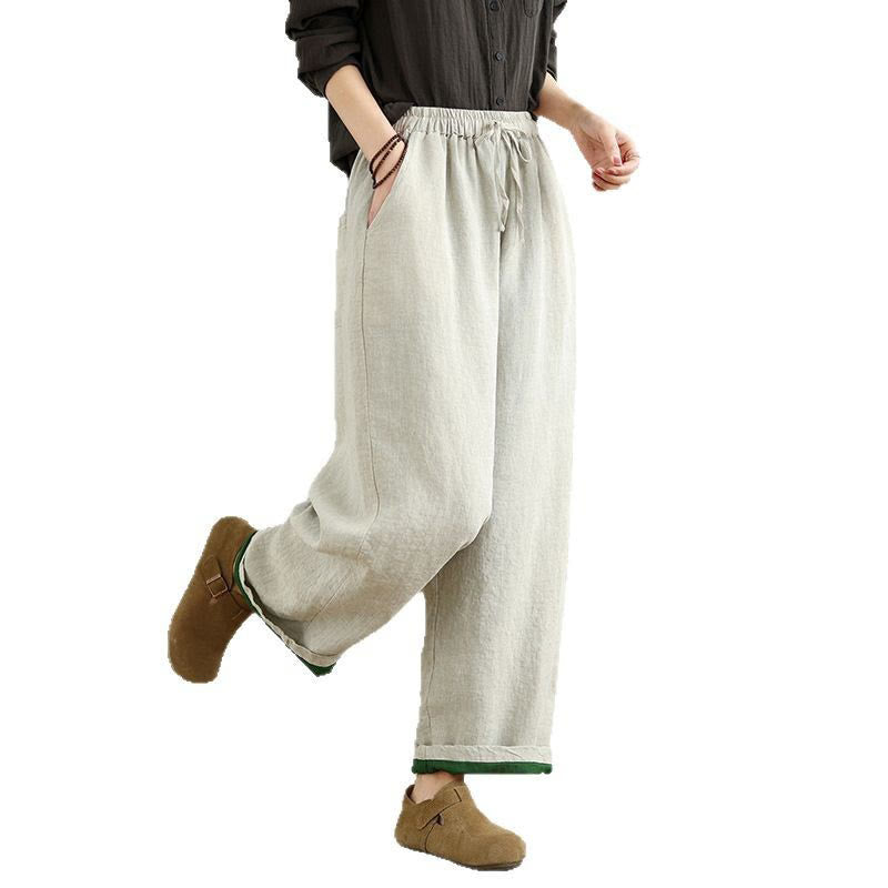 Spring Casual Simple Design Drawstring Cotton Linen Women's Wide Leg Pants With Pockets