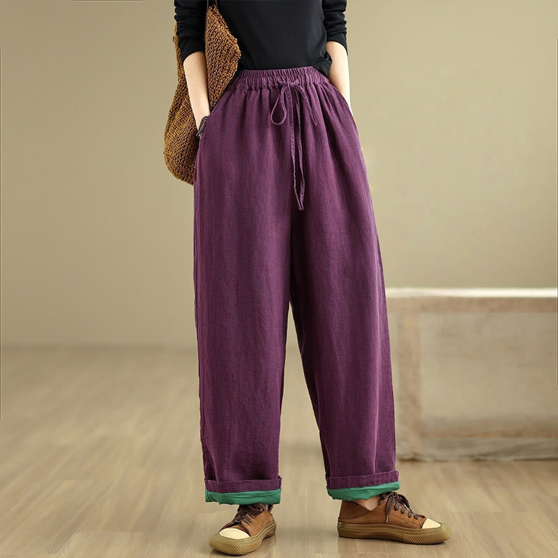 Spring Casual Simple Design Drawstring Cotton Linen Women's Wide Leg Pants With Pockets