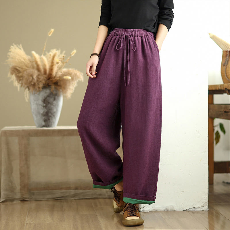 Spring Casual Simple Design Drawstring Cotton Linen Women's Wide Leg Pants With Pockets