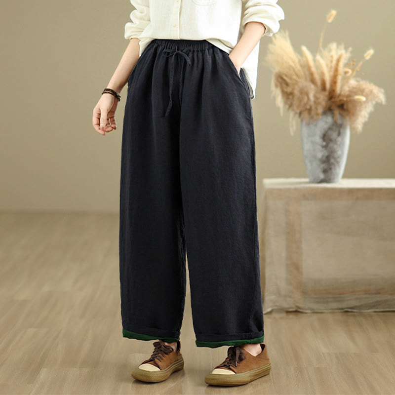 Spring Casual Simple Design Drawstring Cotton Linen Women's Wide Leg Pants With Pockets