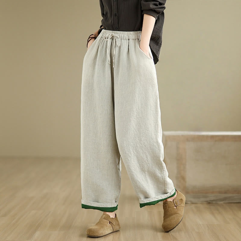 Spring Casual Simple Design Drawstring Cotton Linen Women's Wide Leg Pants With Pockets