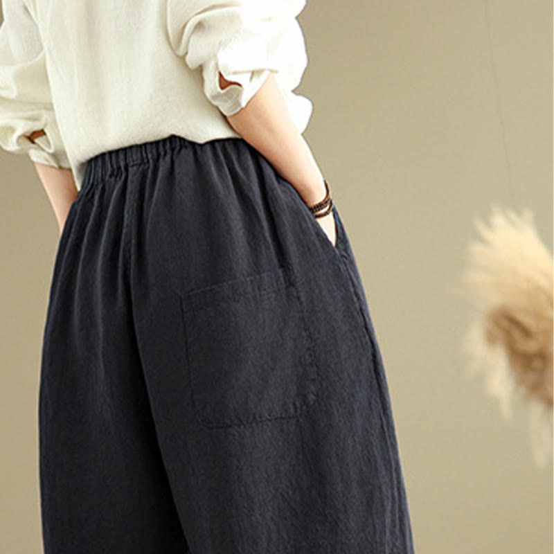 Spring Casual Simple Design Drawstring Cotton Linen Women's Wide Leg Pants With Pockets