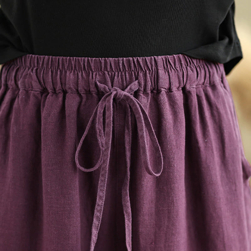 Spring Casual Simple Design Drawstring Cotton Linen Women's Wide Leg Pants With Pockets