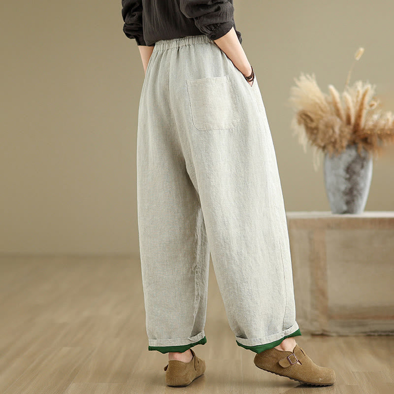 Spring Casual Simple Design Drawstring Cotton Linen Women's Wide Leg Pants With Pockets