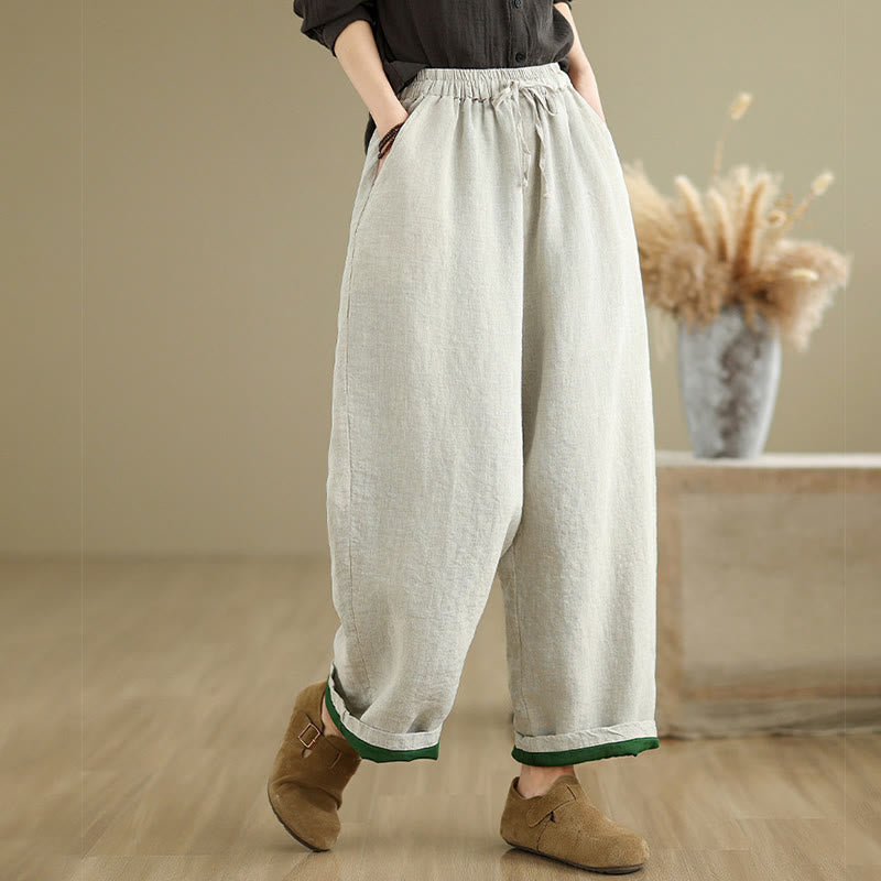 Spring Casual Simple Design Drawstring Cotton Linen Women's Wide Leg Pants With Pockets